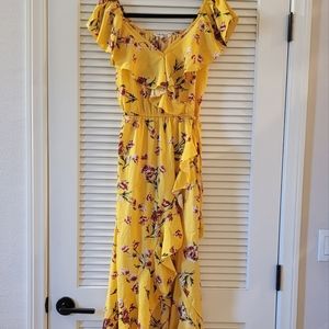 Gorgeous Long Yellow Floral Asymmetrical Wrap Style Dress With Leg Slit